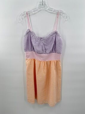Seersucker Striped Spaghetti Strap Sundress Sz Large Pastel Purple, Orange, Pink